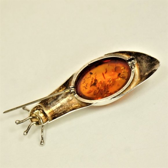 BALTIC AMBER 925 SILVER SNAIL BROOCH, RARE TO FIND JEWELRY, GIFT FOR WOMEN - Picture 8 of 10